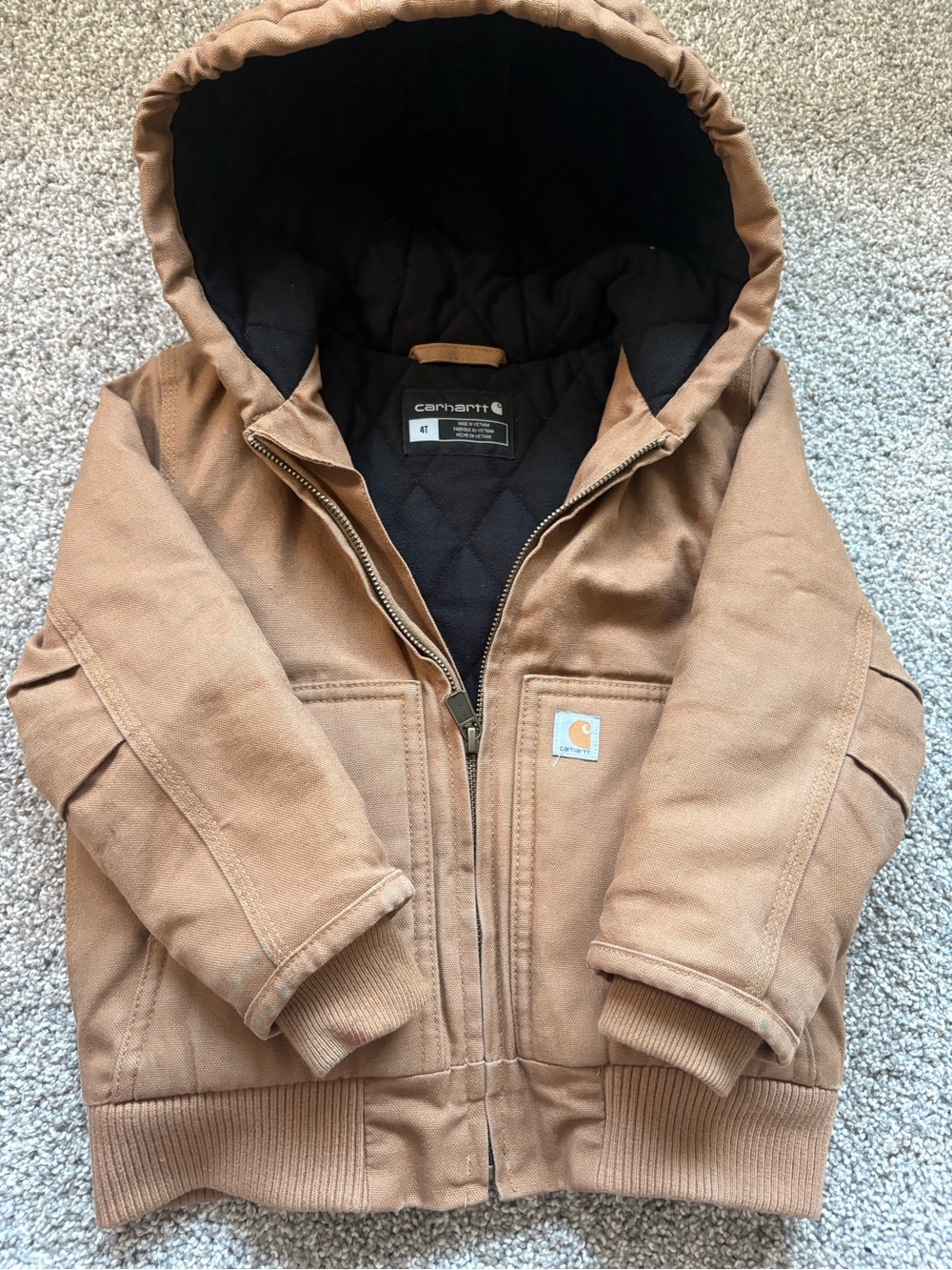Carhartt Kids Brown Canvas Hooded Lined Full Zip Jacket w/ Pockets 4T